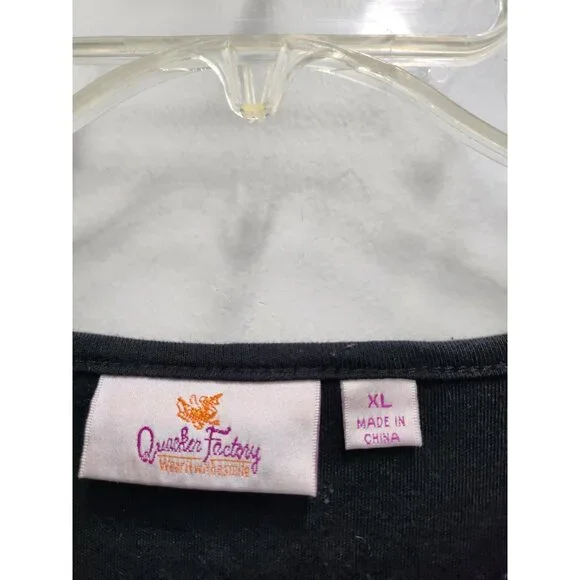 Quaker Factory Womens Wearable Art Top XL Black Floral Embroidery 3/4 Sleeve - Picture 5 of 8